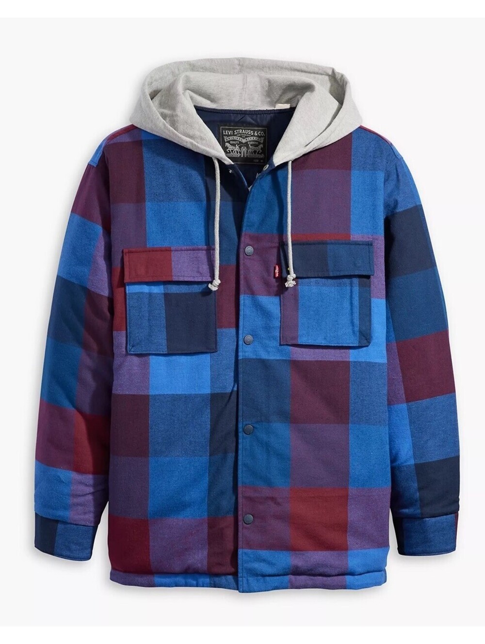 Levi’s Hooded Plaid Shirt Jacket Mens M Blue Burgundy Quilted Flannel Coat